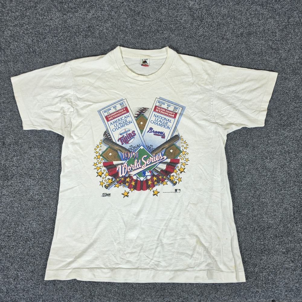 Vintage 1991 Salem World Series Twins vs Braves Shirt Fruit of the Loom XL White